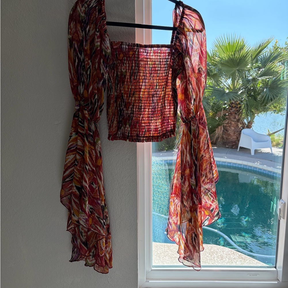 Women’s Red Multi Smocked Crop Top with Sheer Bell Sleeves